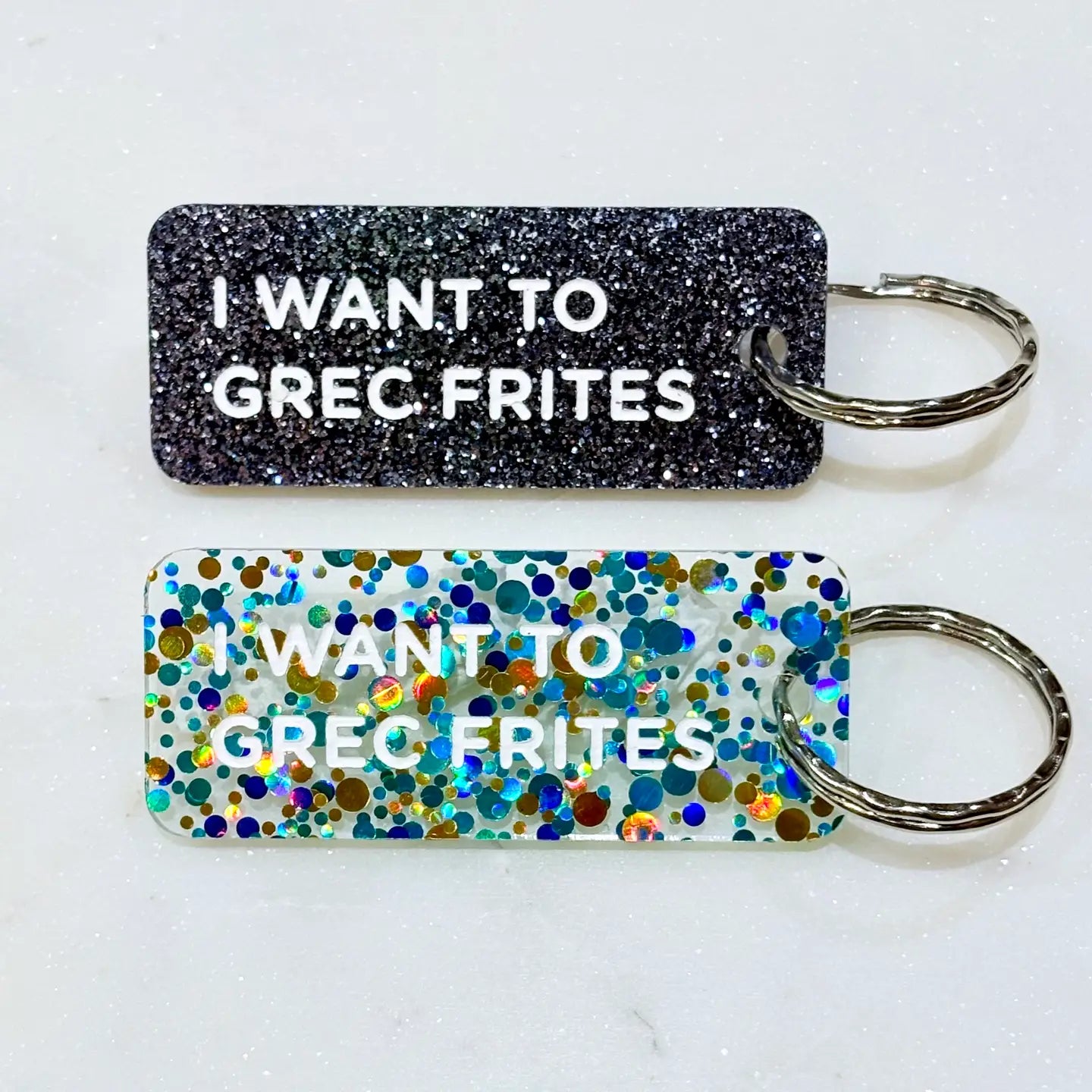 I WANT TO GREC FRITE Porte-clés à paillettes NOIR
