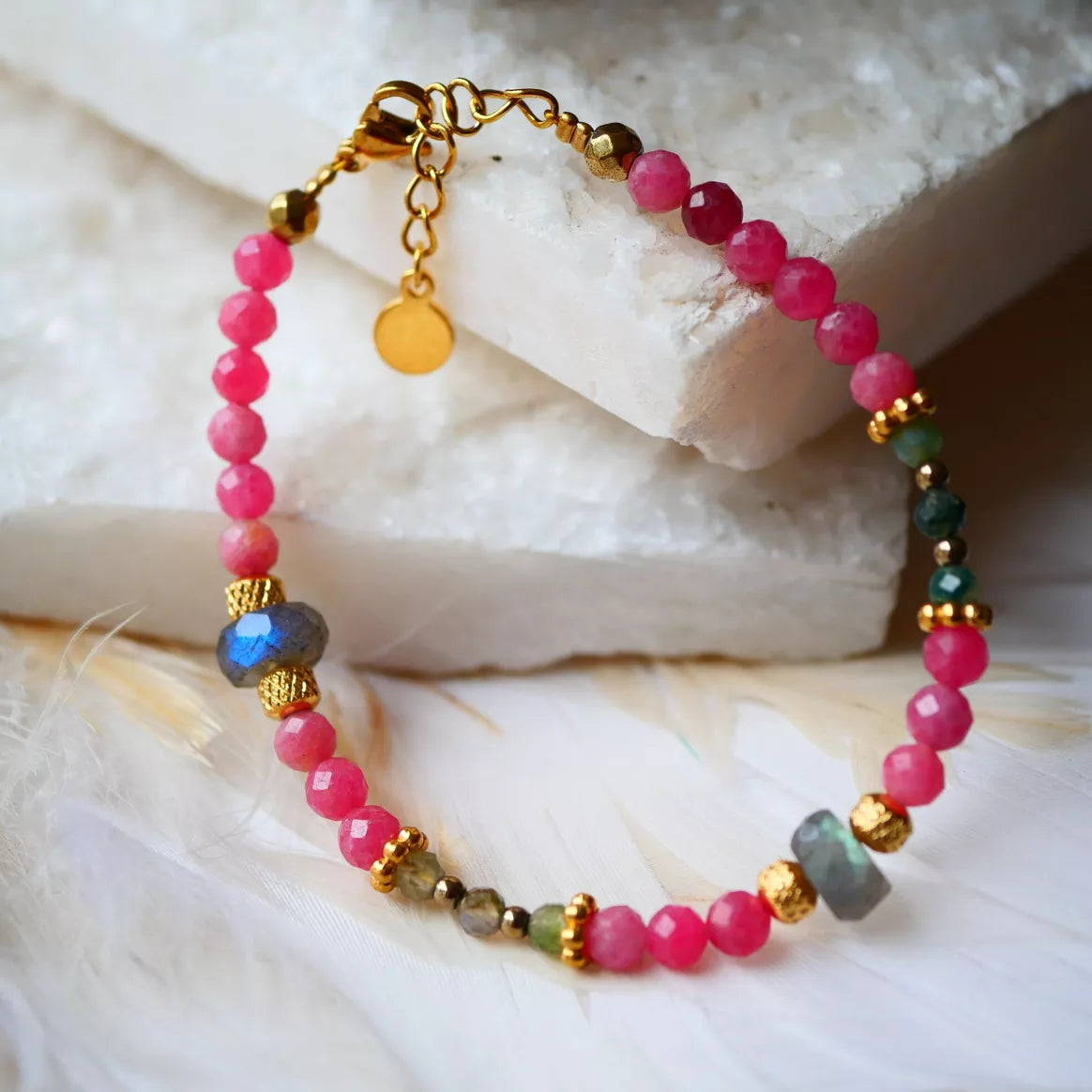 Bracelet SUKOON  rhodonites, agates indiennes, labradorites.