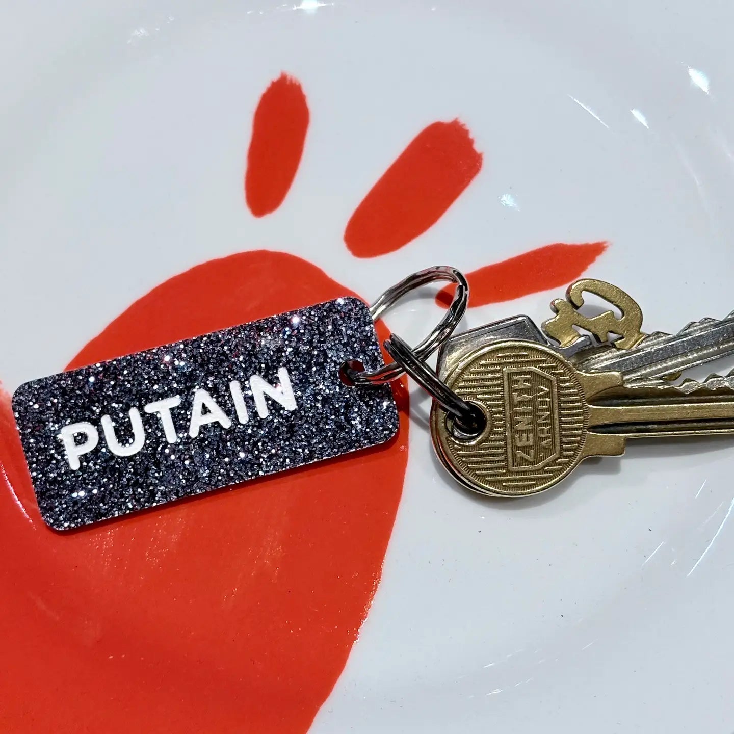 PUTAIN Porte-clés à paillettes VIOLET