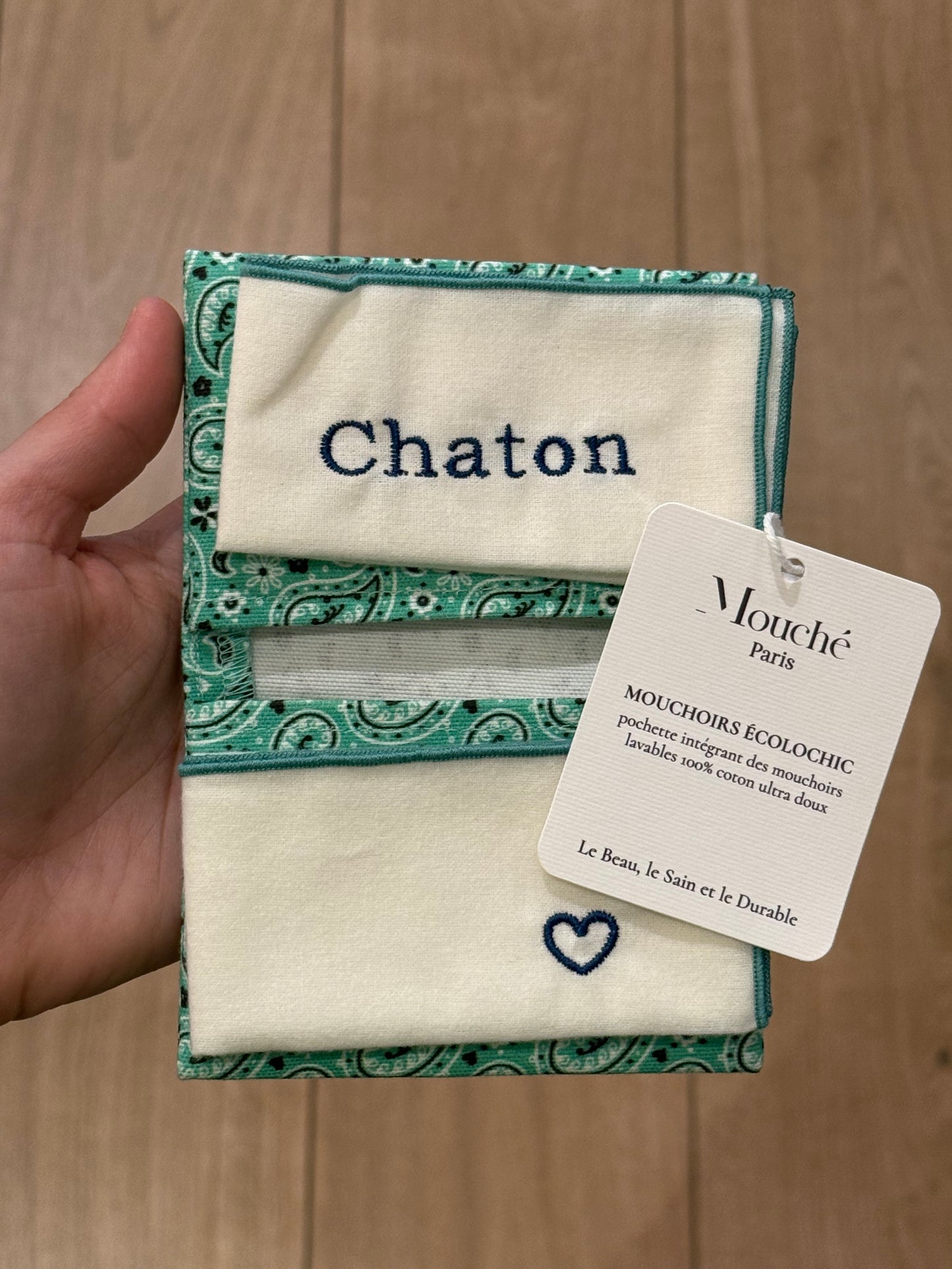 Mouchoirs Brodés "Chaton ♥" Vert